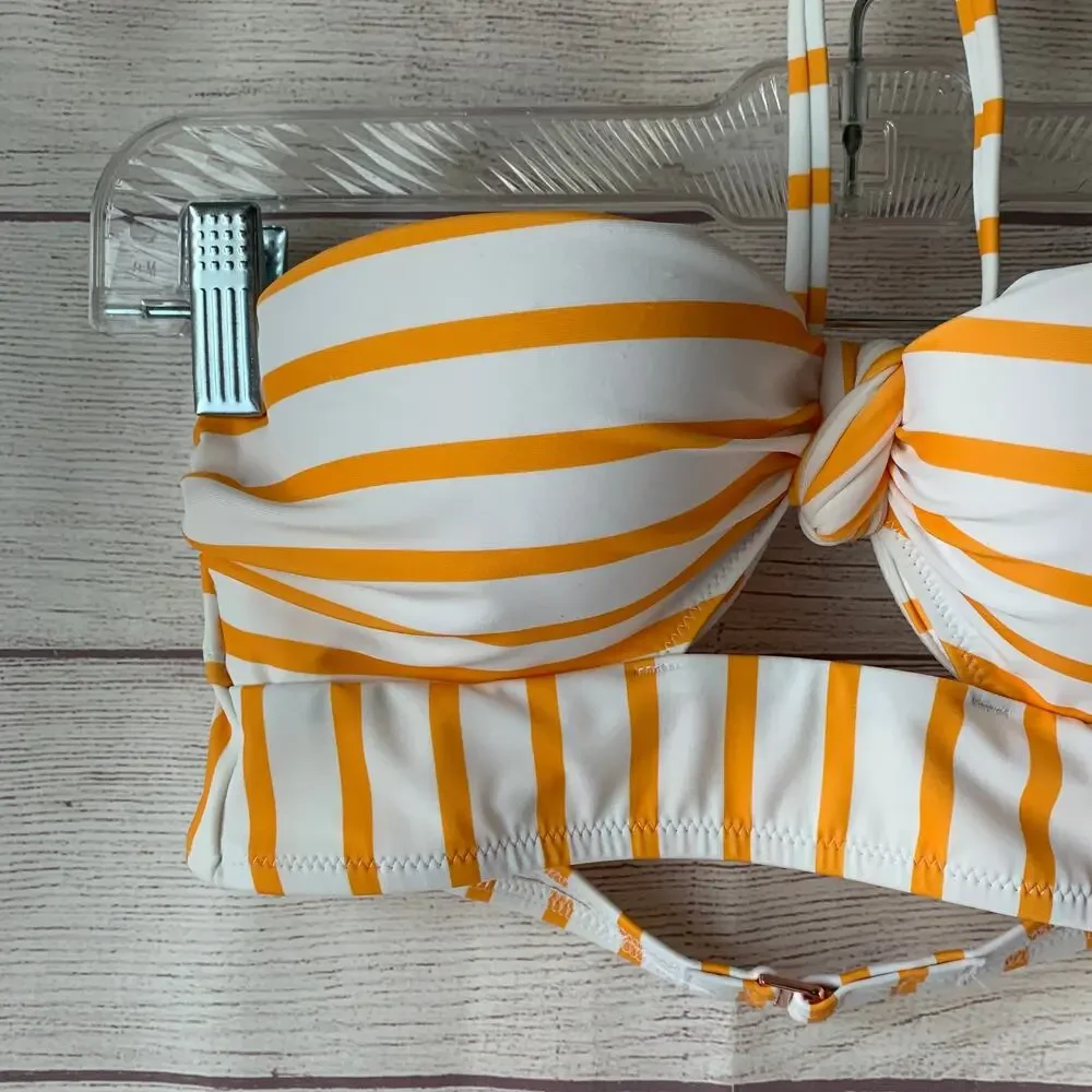 Shade & Shore Yellow and White Stripe Bikini Top Front Keyhole Halter Straps 34A